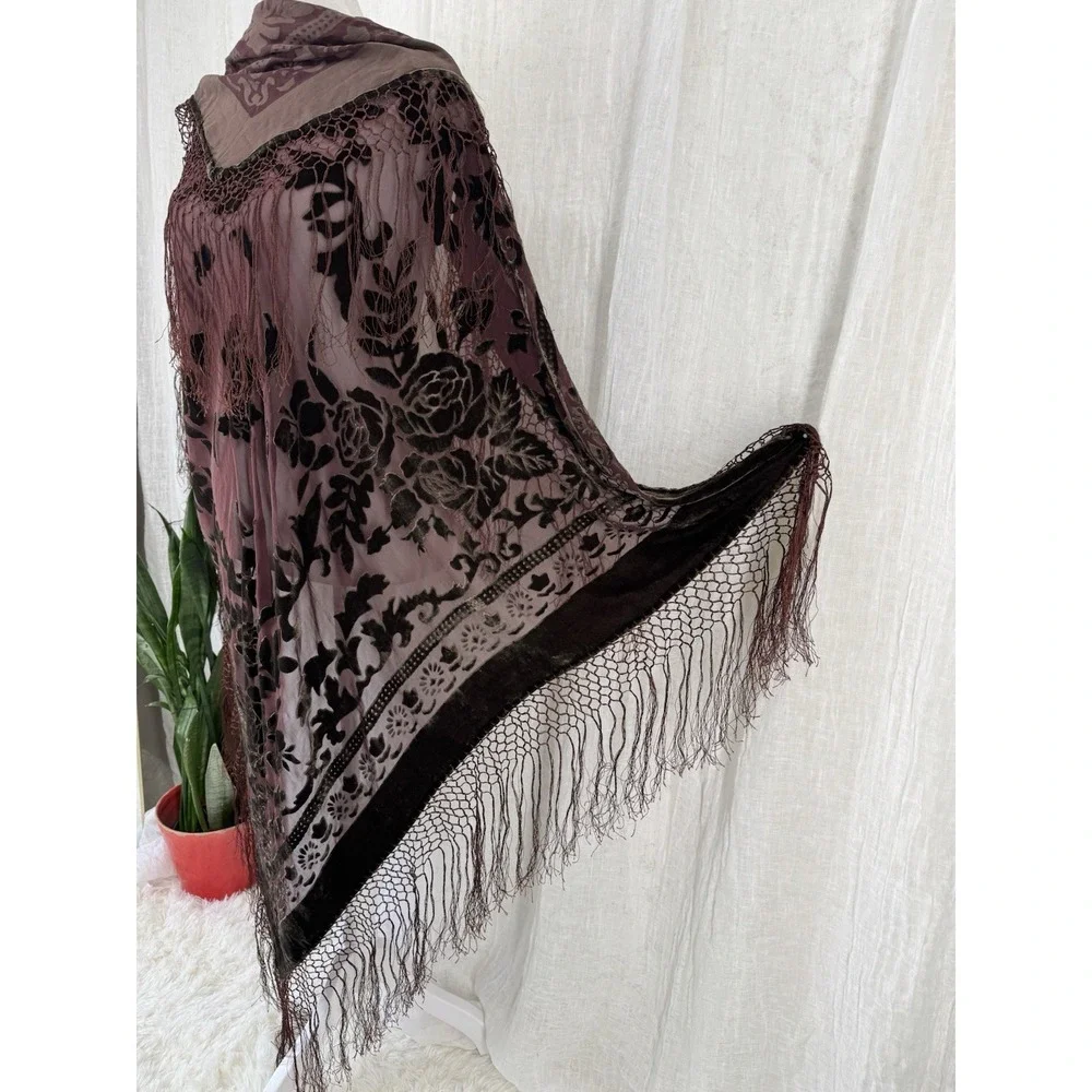 Chocolate Brown Piano Shawl Wrap Silk Velvet Burnout Fringe Whimsigoth Victorian